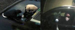 Left to right: The suspects pulling out cash cassettes and a suspect tampering with an ATM. Courtesy photos.