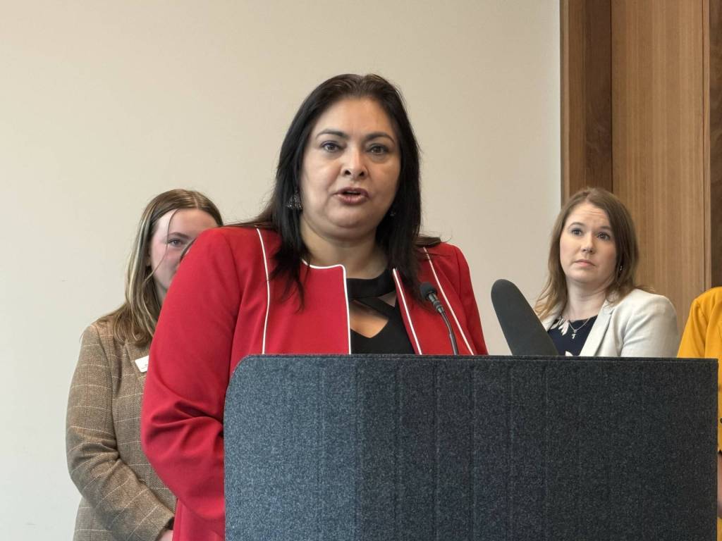 Sen. Manka Dhingra, D-Redmond, speaks during a press conference Feb. 13 about the states efforts to protect survivors. Photo by Cassie Diamond