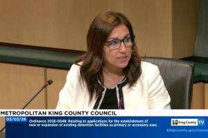 King County Councilmember Teresa Mosqueda discusses the moratorium March 3. (Screenshot)