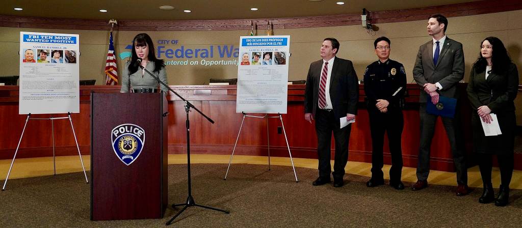Federal Bureau of Investigation Seattle Public Affairs Specialist Amy Alexander, Federal Way Mayor Jim Ferrell, Federal Way Police Department Chief Andy Hwang, FBI Special Agent in Charge Mike Harrington and Assistant U.S. Attorney for the Western District of Washington Crystal Correa. Photo by Joshua Solorzano/The Mirror
