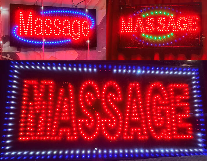 Neon signs from massage businesses in Federal Way. Photo by Joshua Solorzano/The Mirror