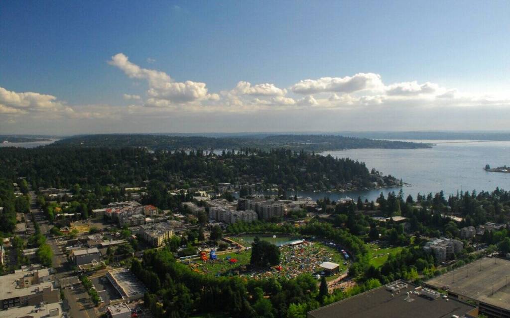 Aerial view of downtown Bellevue, highlighting the park and surrounding area at the heart of the city. Photo courtesy of Visit Bellevue WA/Bellevue Content Library/Downtown Bellevue Aerial View