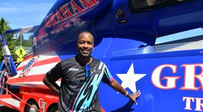 Former Mercer Islander and current hydroplane racer Brent Hall at Summer Celebration on July 11. The Grand Prix driver is pictured with an H1 Unlimited boat. Andy Nystrom/ staff photo